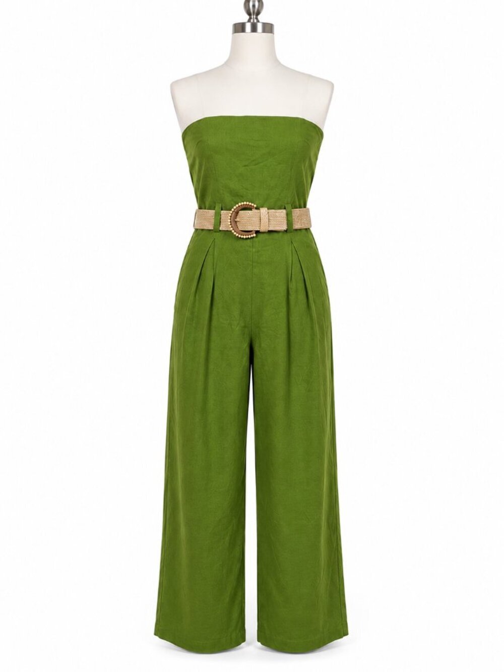 Monteau Los Angeles Green Linen Blend Strapless Belted Wide Leg Jumpsuit Small